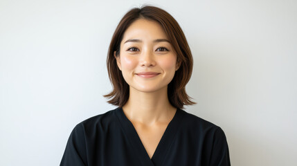 Fototapeta premium Smiling woman in black outfit, showcasing confidence and warmth