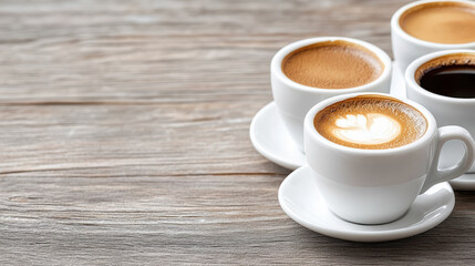 Fototapeta premium Warm coffee cups on wooden table, showcasing rich textures and inviting atmosphere