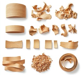 Various wood pieces in different shapes and sizes, including strips, shavings, chips, and sawdust, isolated on white background