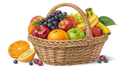 various fresh fruits mixed in a wicker basket isolated background