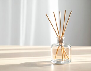 Clear glass diffuser bottle with natural reeds inserted, positioned on a light wooden