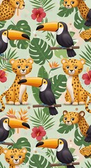 Fototapeta premium Tropical Jungle Animal Seamless Pattern: Cheetahs and Toucans