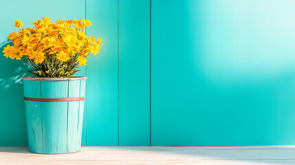 Bright yellow flowers in turquoise wooden bucket against empty wall, bright rustic decor