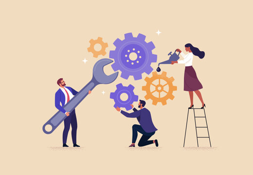 Business Improvement concept. Contemporary flat style abstract vector illustration of a group of diverse people with tools, troubleshooting a gear-shaped mechanism. Isolated on background.