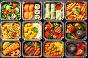 A variety of colorful and diverse meals arranged in individual foil containers, showcasing international cuisines including sushi, pasta, salads, grilled vegetables, and desserts.
