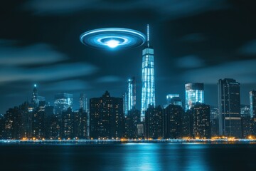 Futuristic cityscape at night with an unidentified flying object hovering above tall buildings and city lights