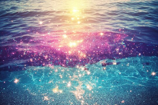 Fototapeta Vibrant, shimmering water surface with glittering particles