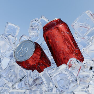 Two red soda cans sit amidst sparkling ice cubes, reflecting sunlight. The bright blue sky provides a perfect summer backdrop, enhancing the refreshing scene. 3d render