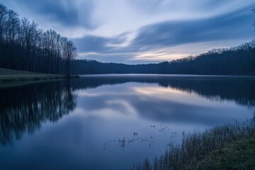 Obraz premium Serene Lake at Dusk with Long Exposure Clouds and Forest Reflection, Quiet Waterscape