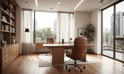 Fototapeta premium Corporate office with an oak desk, leather chair, and brass floor lamps. Task lighting directs focus on the desk, while recessed lighting from