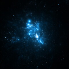 Stunning cosmic formations display vivid blue light and dynamic gases against the dark expanse of space, highlighting the beauty of the universes mysteries in an endless void. 3d render