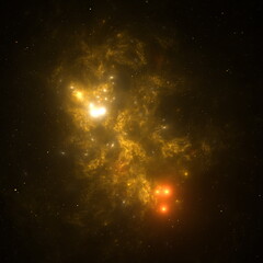 Cosmic activity shows luminous celestial bodies surrounded by swirling gas and dust in the vastness of deep space, revealing the beauty of the universe. 3d render