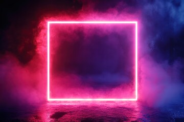Glowing neon rectangle surrounded by colorful mist in a dark environment