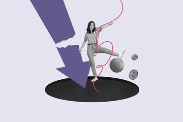 Pop art full zine photo collage of happy businessman businesswoman stand arrow decline dollar...