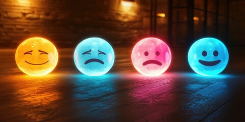 Mood face icons glowing in 3D, positioned left to right