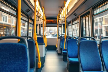 Fototapeta premium Interior view of a modern public transport bus showcasing spacious seating