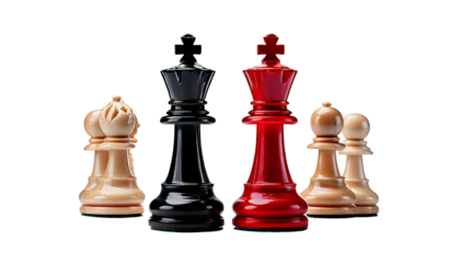 Symmetrical Black and Red Chess Kings on White Background