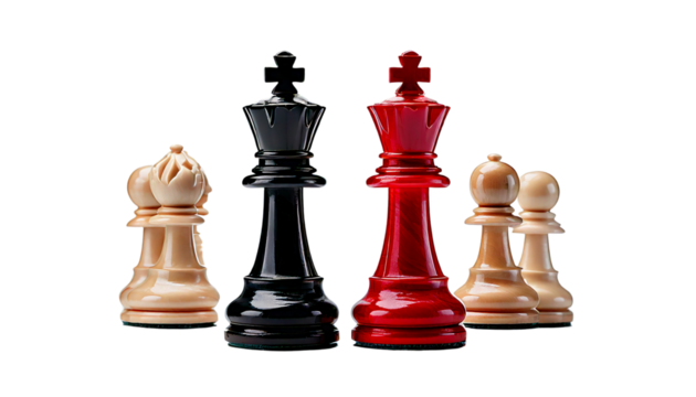 Symmetrical Black and Red Chess Kings on White Background