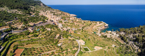 ancient system of terraces and bunds in  Banyalbufar village, Natural area of the Serra de Tramuntana., Majorca, Balearic Islands, Spain