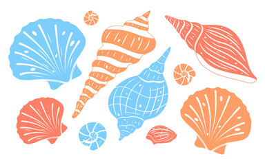 Colorful seashell collection in blue, orange and coral tones