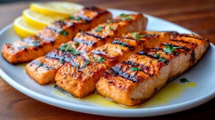 Grilled salmon slices on a plate with a caramelized crust, a drizzle of olive oil and fresh lemon wedges, showing the bright grill marks
