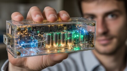 Man holding transparent nuclear battery BV100 prototype with visible glowing internal cells and circuit components, innovation in long-term compact power technology