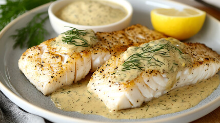 A plate of fish with a creamy sauce and lemon slices