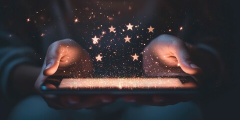 Person holding a tablet, giving 5-star ratings to products online