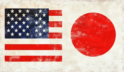 Two national flags, American and Japanese, displayed side-by-side on a textured, aged backdrop.  The flags exhibit a distressed, vintage appearance, with visible texture and faded coloring