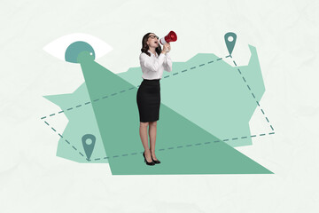 Exclusive magazine picture sketch collage image of happy girl guy stand map geolocation eyeball esoteric stare summer stalker