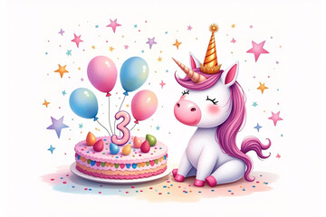 Third birthday unicorn in watercolor style with crown, cake, confetti, number 3, and pastel star balloons on white background