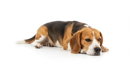 Beagle Dog Lying Comfortably on White Background