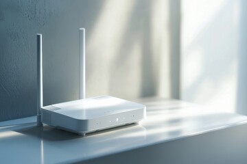 Graphic layouts featuring a white router on a modern shelf with soft sunlight illuminating the space