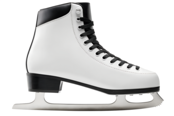 Classic white figure skate with black accents on a png background, figure skate, ice skating, white, black, blade, leather, laces, sport, winter, recreation, equipment, footwear, skating, single