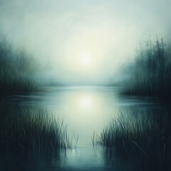 Fototapeta premium Misty lake sunrise landscape painting