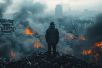 Obraz premium Fire and smoke engulf a deserted cityscape showcasing the effects of labor rights violations