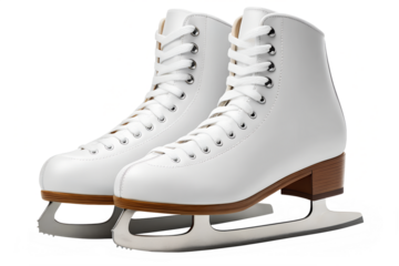 Elegant pair of white ice skates ready for winter adventures, ice skates, figure skates, white, pair, winter, ice skating, sport, recreation, equipment, skating, laces, blade, leather, shoe, footwear