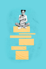 Poster collage of person sit top brick tower on blue color background