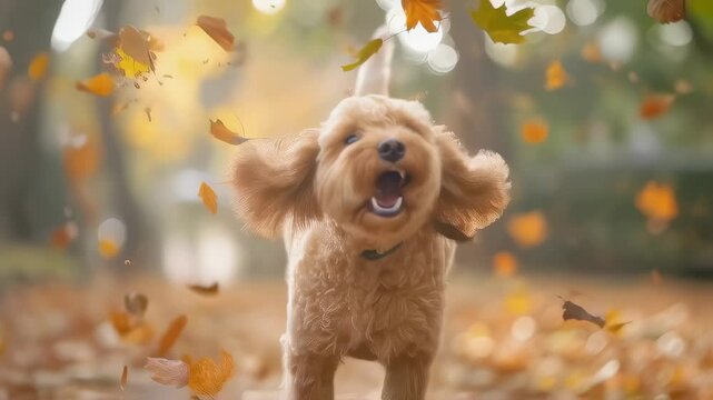 Energetic small fluffy cavapoo dog leaping through golden fallen leaves, playfully exploring woodland terrain with open mouth and vibrant movement