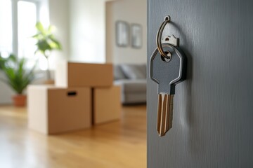 Moving house with a key inserted in the door and boxes waiting in the background