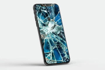 A smartphone with a severely cracked glass screen is shown leaning against a light background. The shattered glass reveals bright blue reflections, highlighting the extent of the damage.