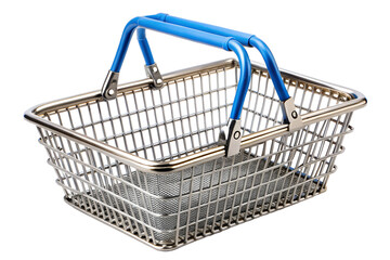 Empty metal shopping basket with blue handle on a png background, basket, shopping, metal, blue, handle, chrome, container, market, store, shop, carrying, household, object, retail, consumerism