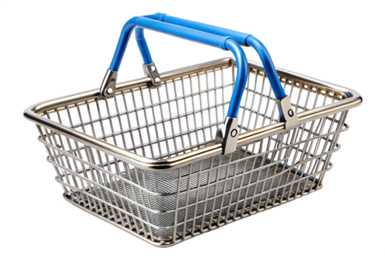 Empty metal shopping basket with blue handle on a png background, basket, shopping, metal, blue, handle, chrome, container, market, store, shop, carrying, household, object, retail, consumerism