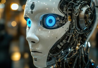 Fototapeta premium Futuristic humanoid robot with glowing blue eyes showcasing advanced technology and intricate mechanical details in a modern environment