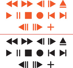 Collection of orange and black audio control icons for media player.