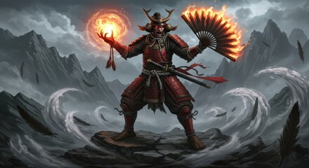 Fierce Tengu Warrior on Misty Mountain Peak
