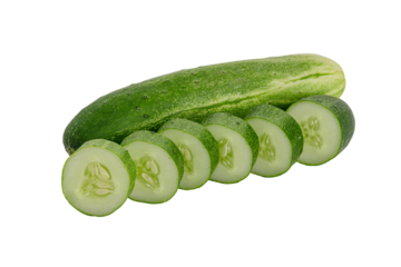 fresh green cucumber and slices on white background.