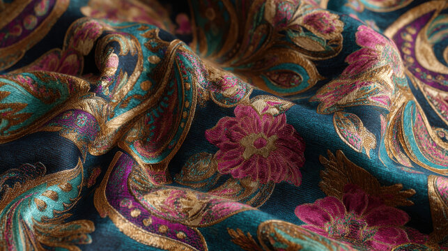 Intricate paisley fabric unfolds in a luxurious cascade of teal, gold, purple, and pink hues, creating an inviting texture and opulent visual experience overall.