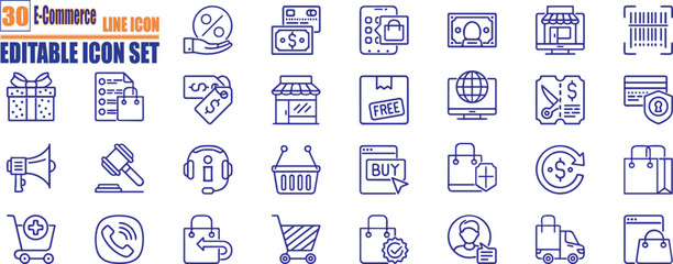 Set of E-commerce line icons . Online shopping and delivery elements. E-business symbol. Solid icons vector collection.