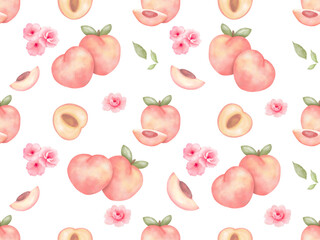 Watercolor, Peach, Peach Blossom and Peach Pieces. Seamless pattern. Fabric pattern style. Soft and elegant colors. Isolated on transparent background.